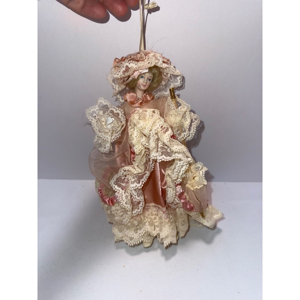 Vintage Victorian Porcelain Lady Doll Ornament Peach Lace Gown Parasol Bonnet